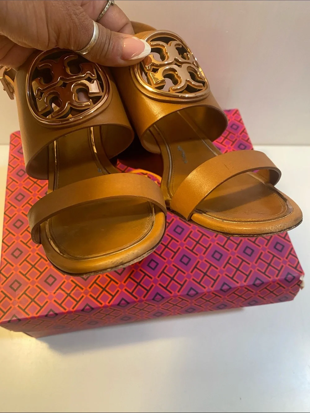 Tory Burch Cognac Leather Logo Sligback Wedge Sandals Sz 7